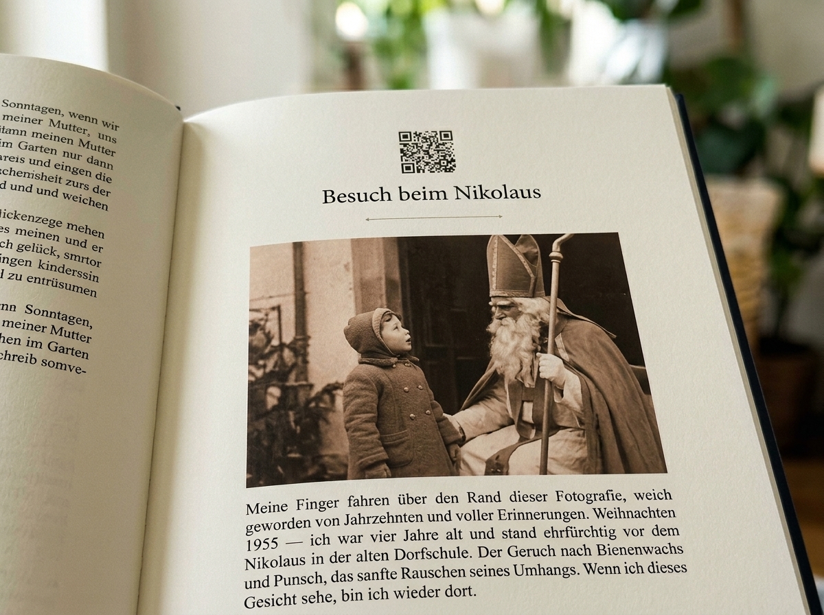 Aufgeschlagene Doppelseite: Geschichte mit QR-Code daneben