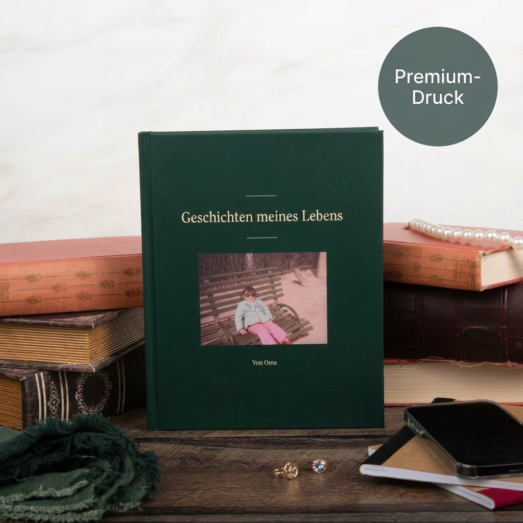 Fertiges Hardcover-Buch steht auf einem Holztisch
