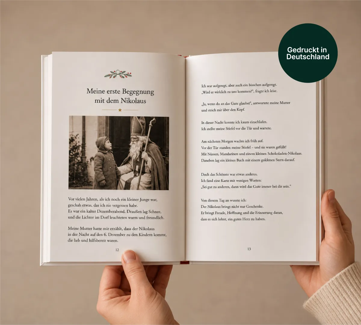 Aufgeschlagenes Nachklang-Buch mit einer gedruckten Geschichte