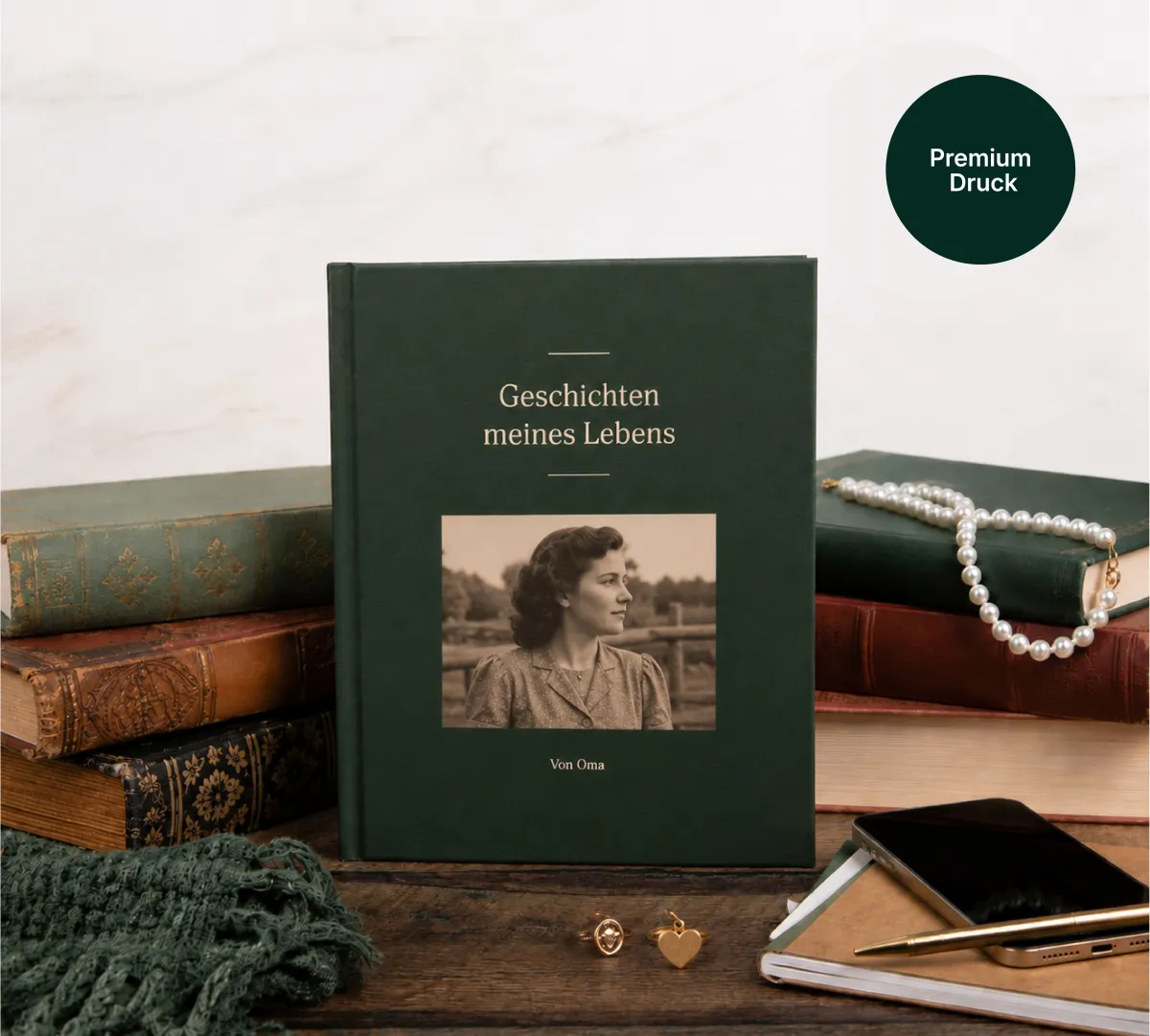Grünes Hardcover „Geschichten meines Lebens“, Premium-Druck